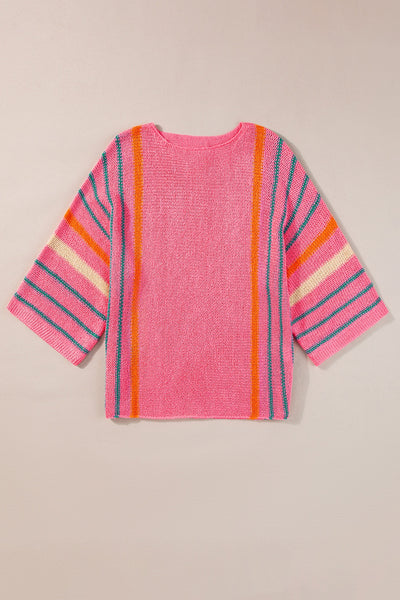 Striped Boat Neck Three-Quarter Sleeve Knit Top