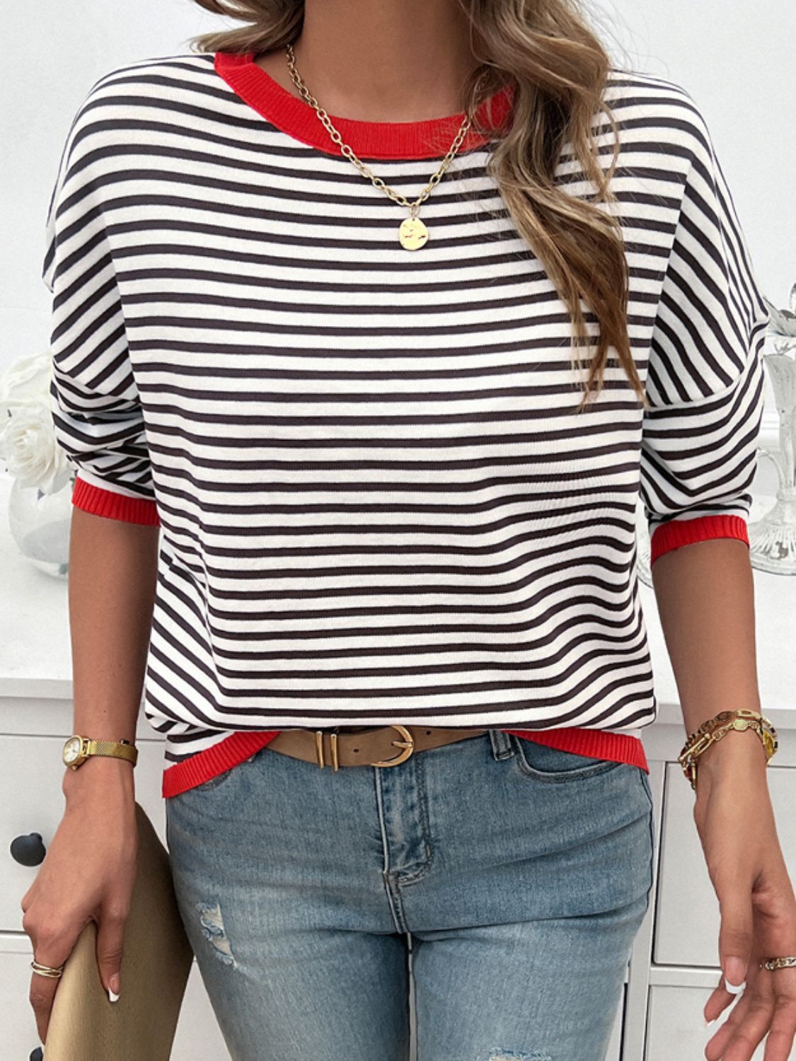 Devine Striped Round Neck Dropped Shoulder Sweater