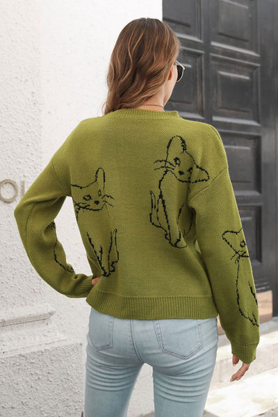 Cat Pattern Round Neck Long Sleeve Pullover Sweater