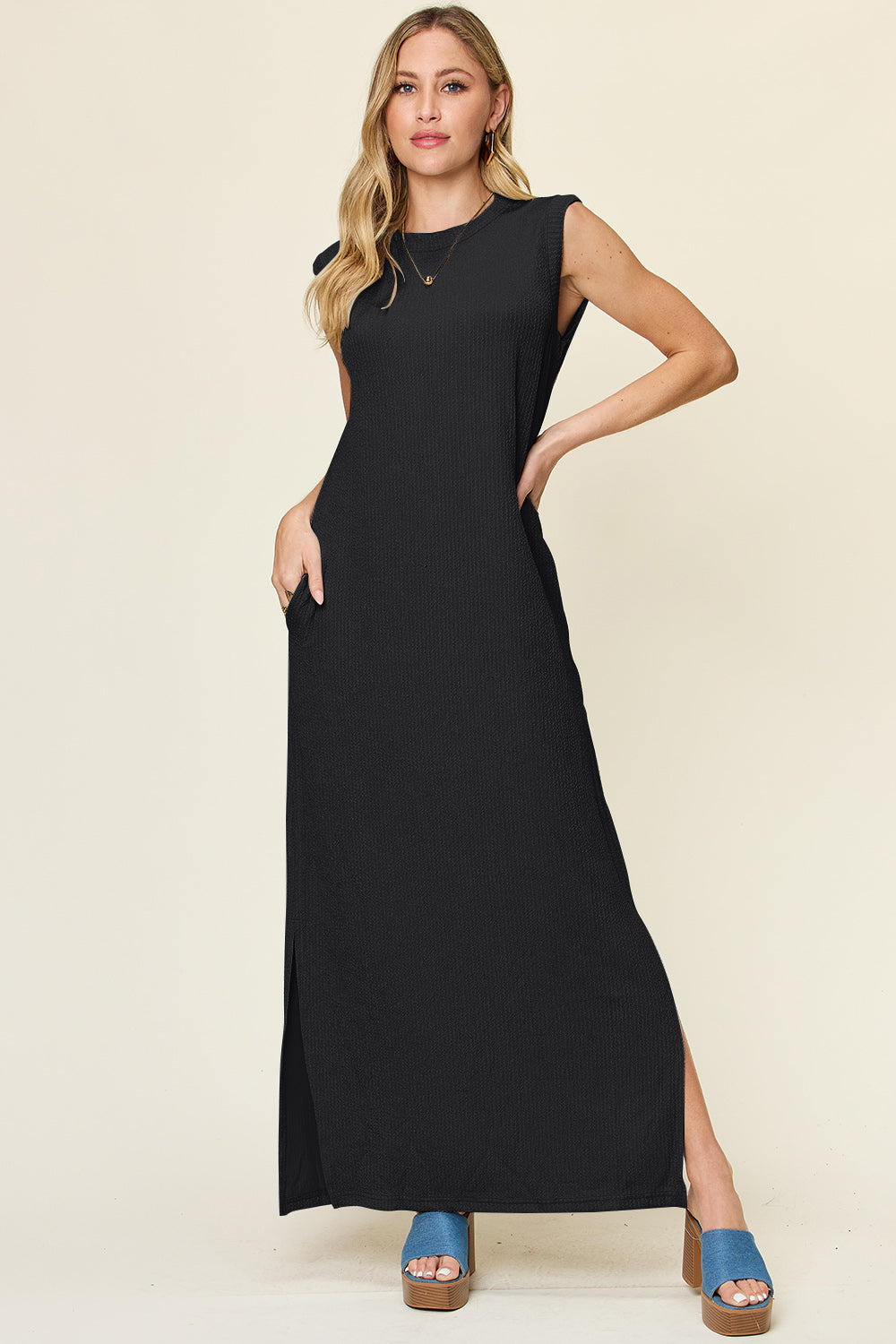 Double Take Full Size Texture Mock Neck Sleeveless Maxi Dress