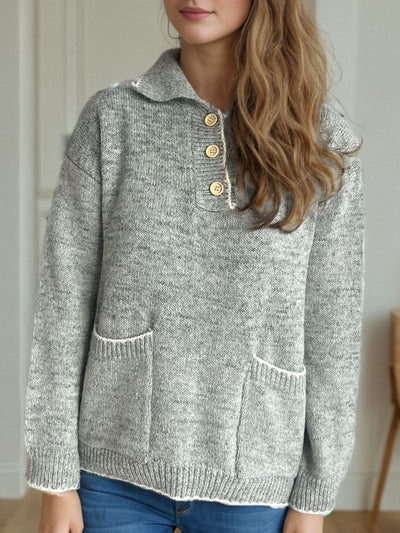 Contrast Trim Quarter Button Long Sleeve Sweater