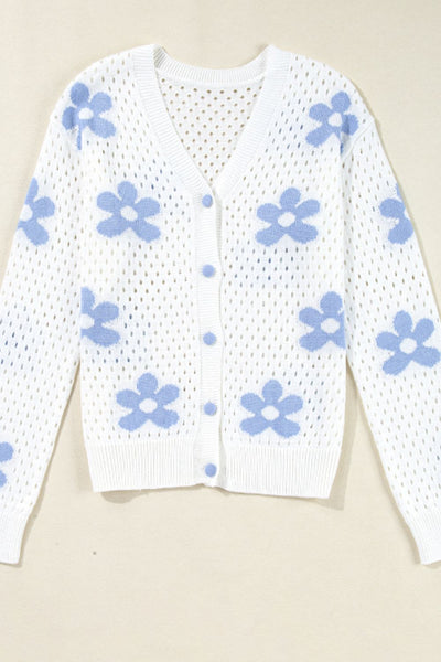 Flower Hollowed Out Button Down Long Sleeve Cardigan