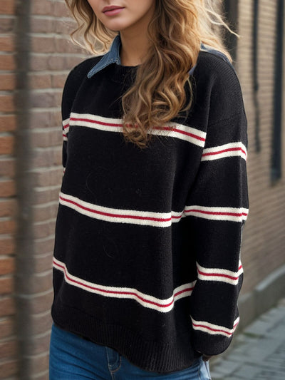 Contrast Stripes Round Neck Long Sleeve Sweater