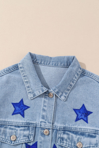 Pocketed Geometric Collared Neck Denim Jacket