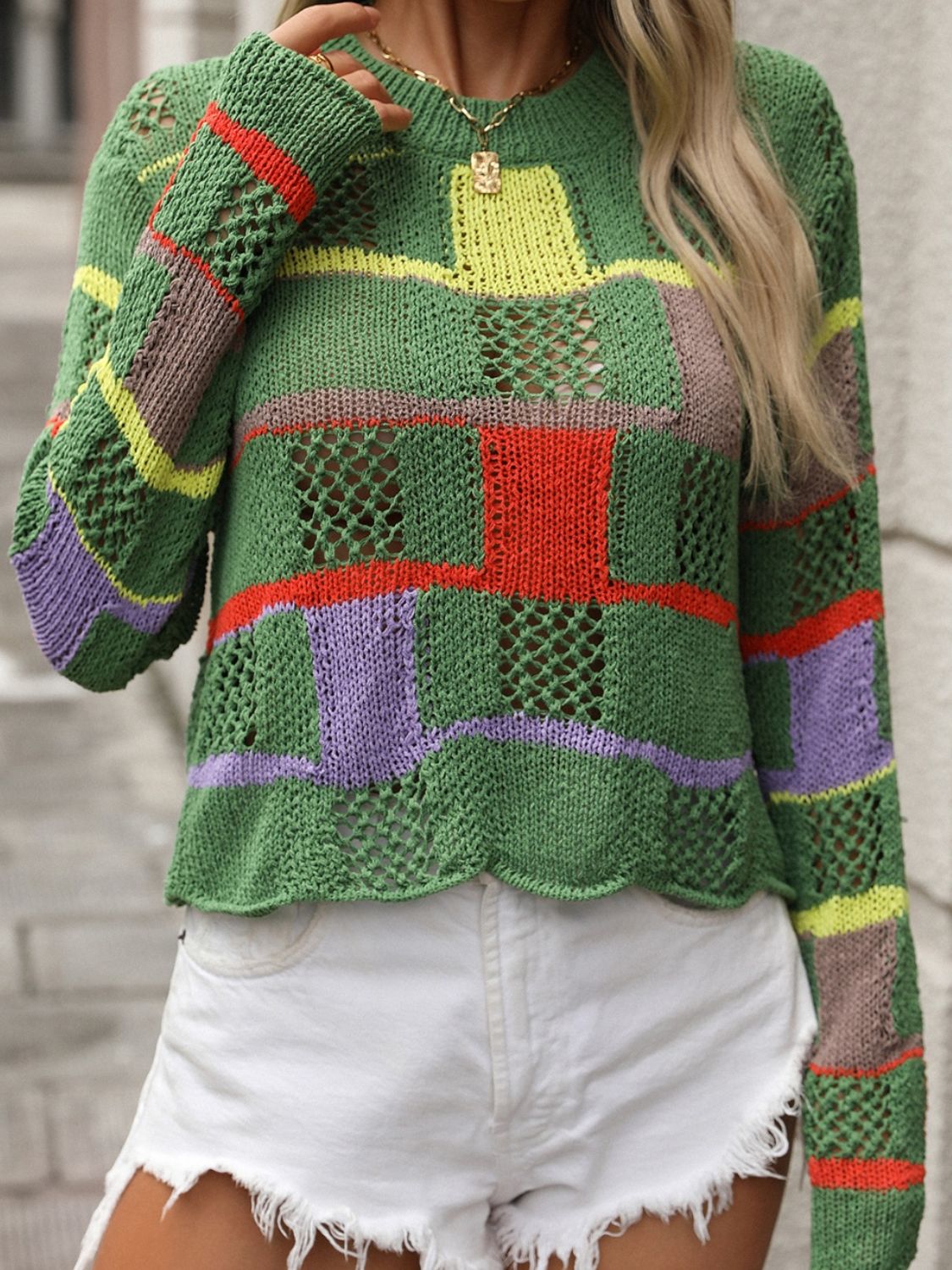 Openwork Color Block Round Neck Sweater