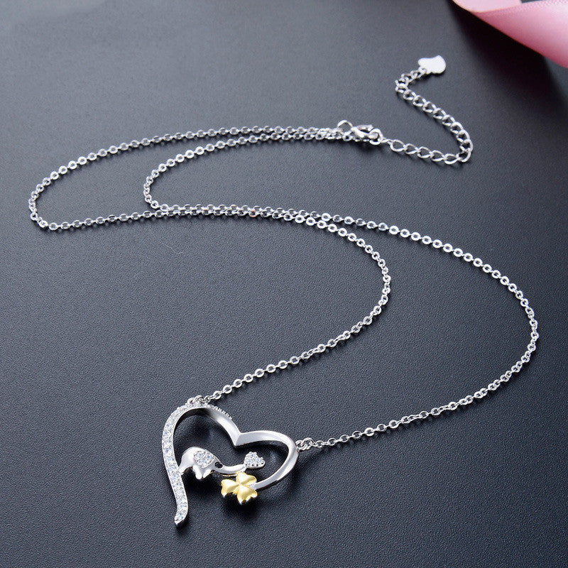 Lovely Elephant Clover in Heart Pendant necklace