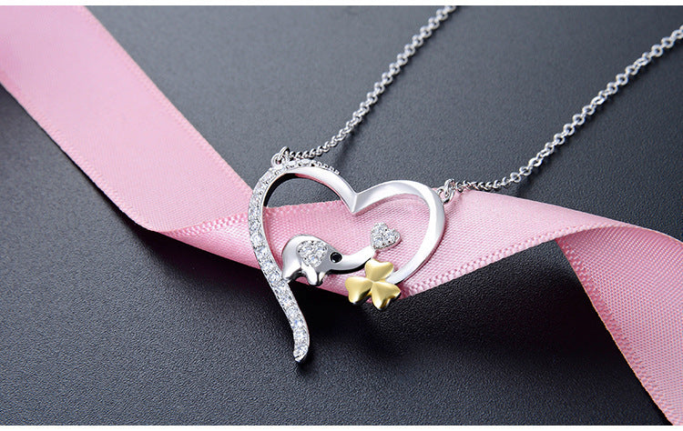 Lovely Elephant Clover in Heart Pendant necklace