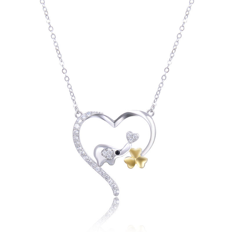 Lovely Elephant Clover in Heart Pendant necklace