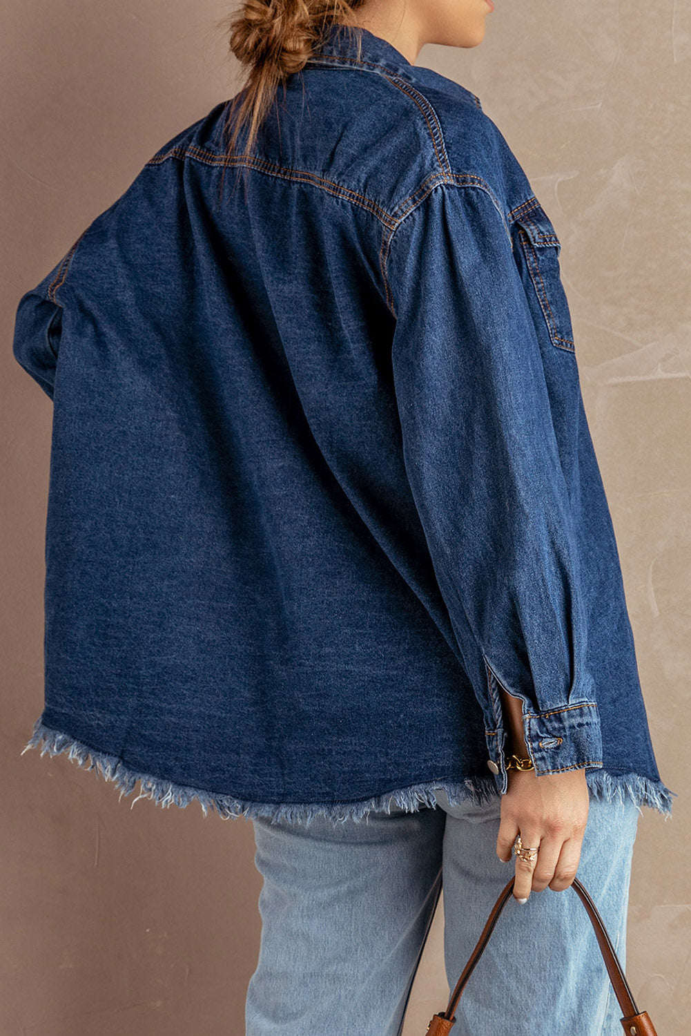 Button Up Pocketed Raw Hem Denim Jacket