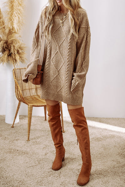 Cable-Knit Round Neck Sweater Dress