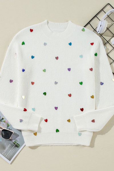 Heart Sequin Round Neck Long Sleeve Sweater