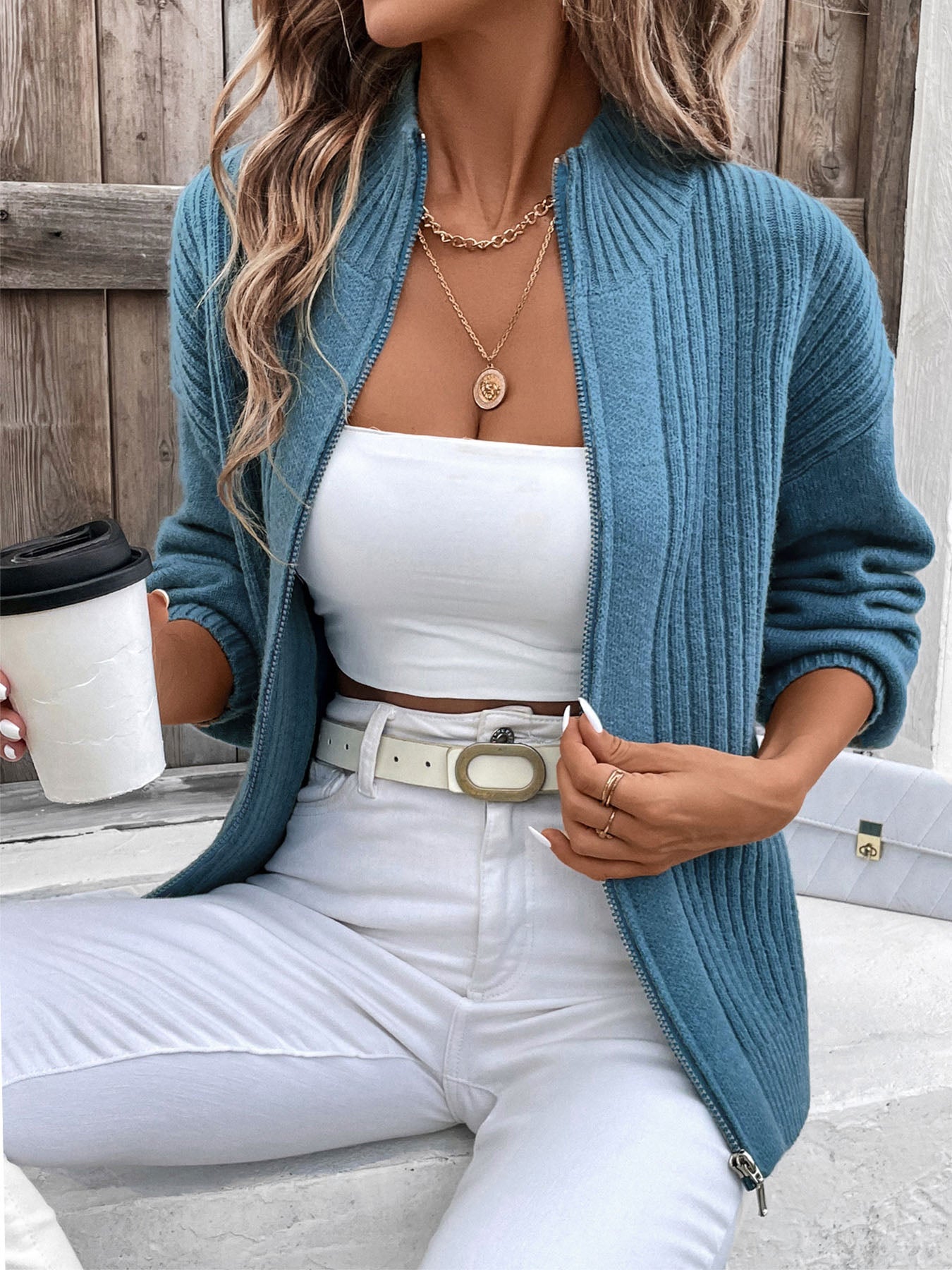 Perfee Zip Up Long Sleeve Cardigan