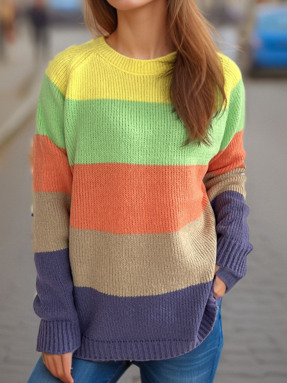 Color Block Round Neck Long Sleeve Sweater