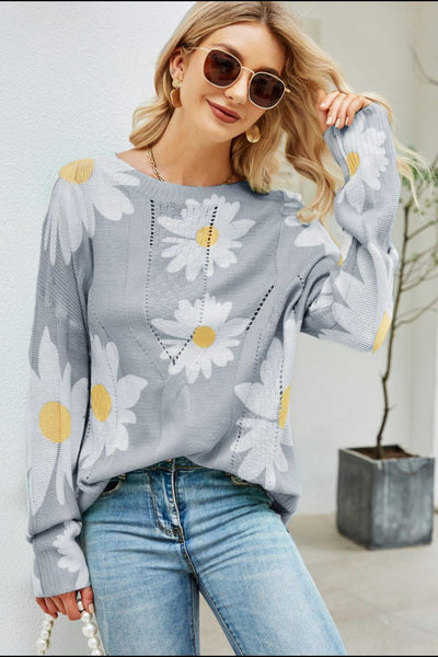 Angel Wings Daisy Print Openwork Round Neck Sweater