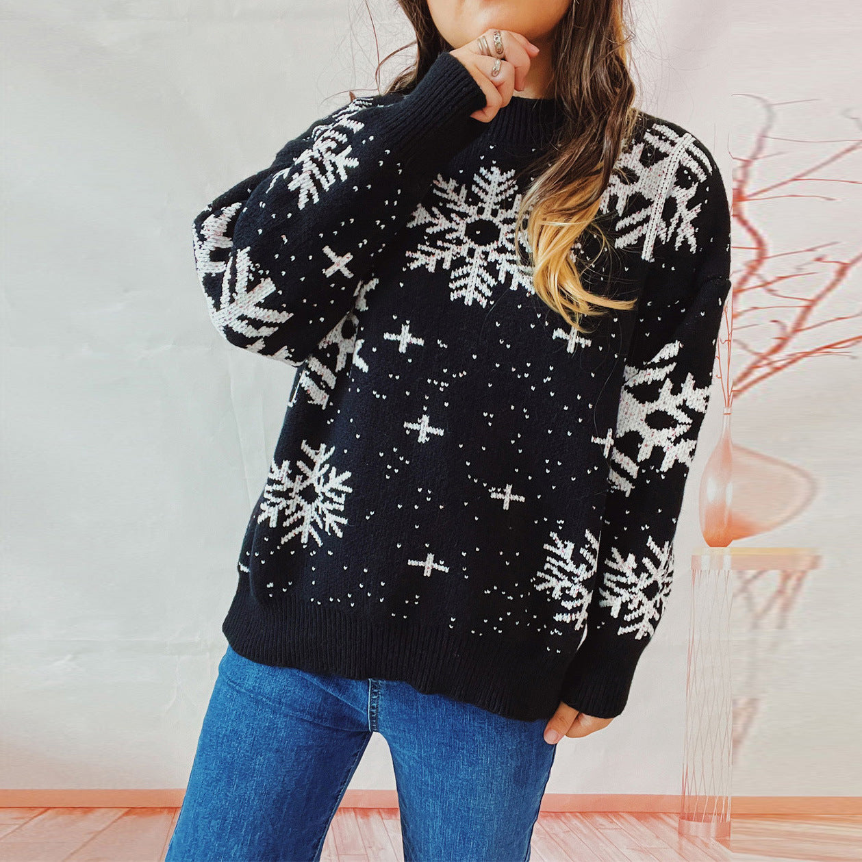 Women's Fashion Christmas Snowflake Round Neck Long Sleeve Knitted Sweater