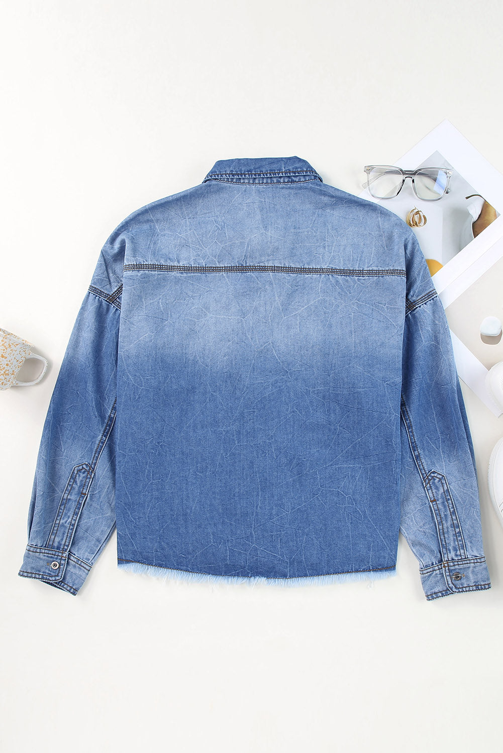 Raw Hem Sequin Football Long Sleeve Denim Jacket