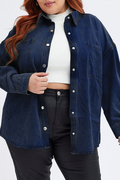 Plus Size Snap Down Pocketed Denim Jacket