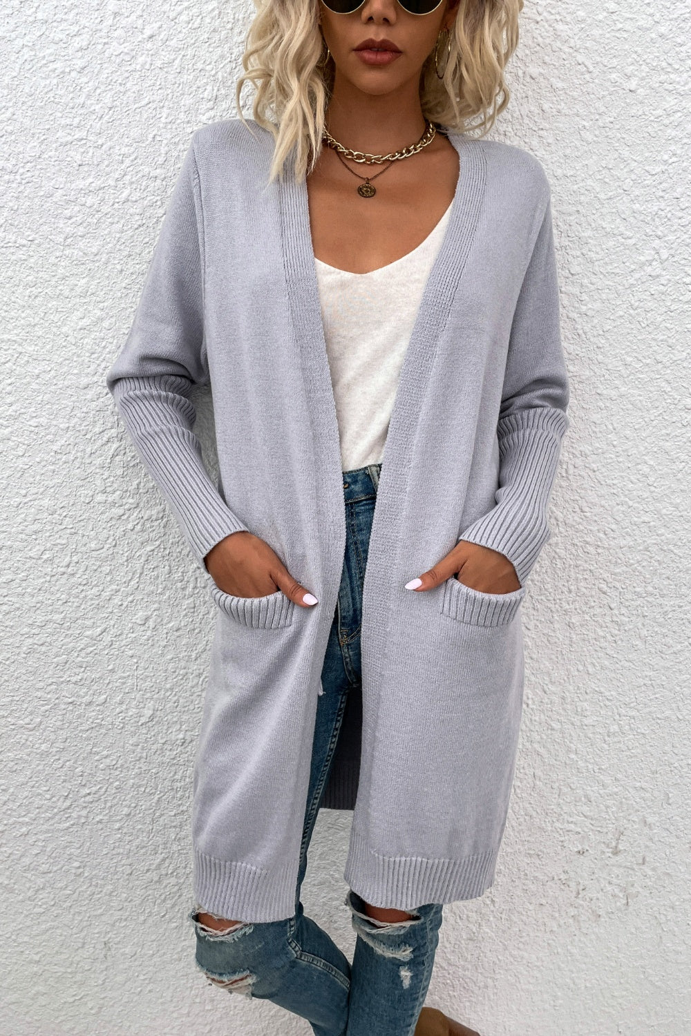 Open Front Long Sleeve Cardigan with Pockets