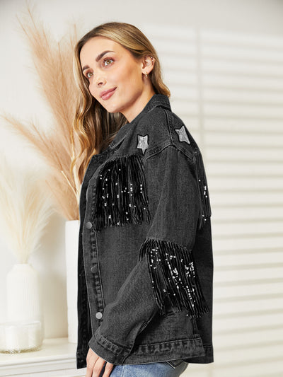 Fringe Detail Long Sleeve Denim Jacket