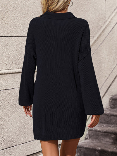 Collared Neck Long Sleeve Sweater Dress with Pockets