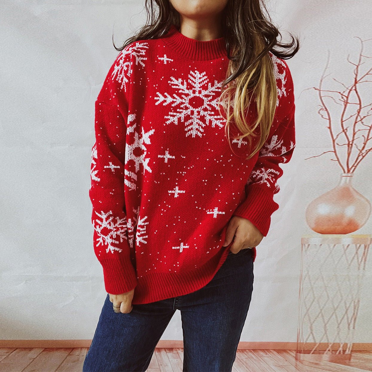 Women's Fashion Christmas Snowflake Round Neck Long Sleeve Knitted Sweater