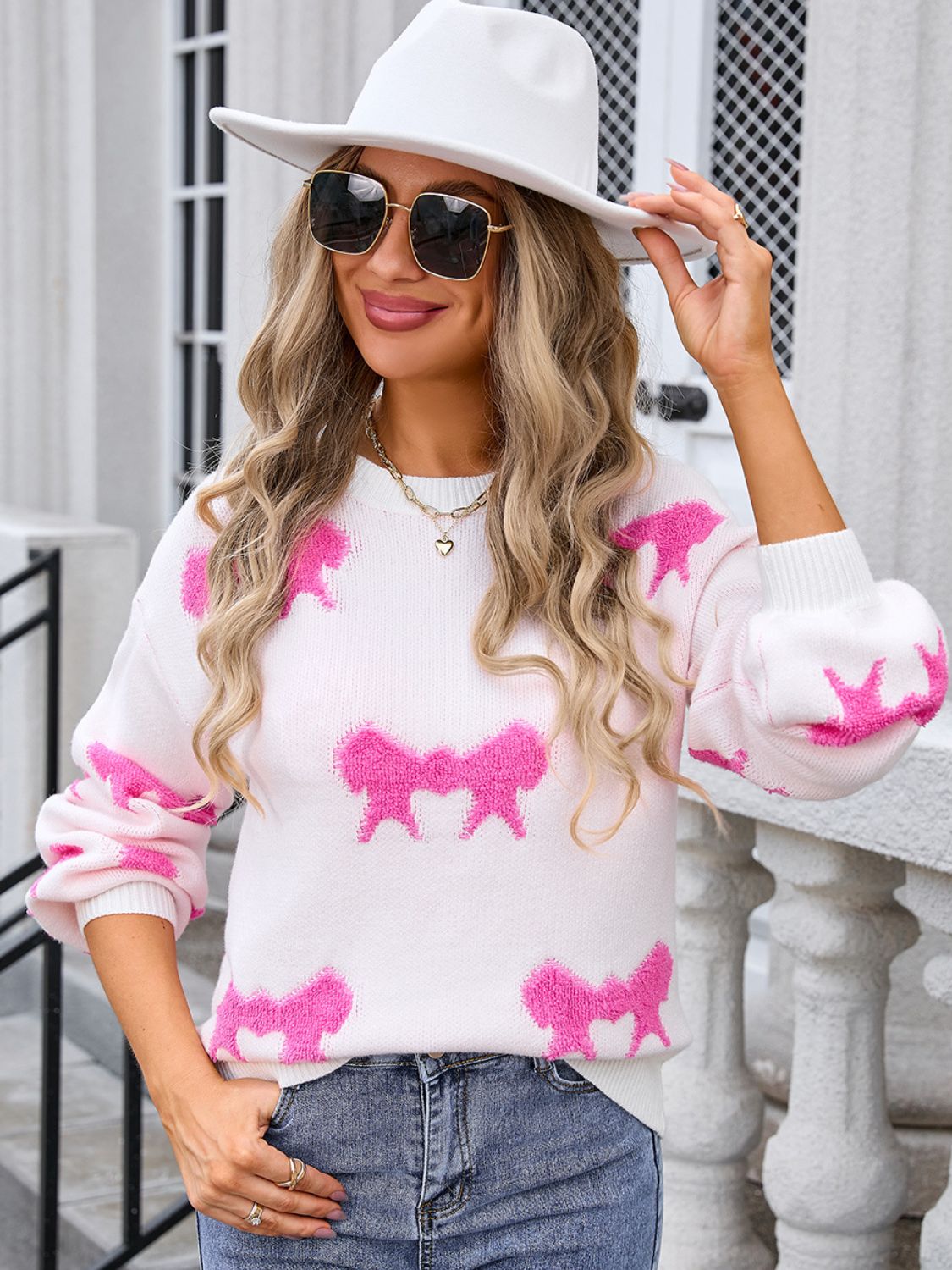 Angel Wings Bow Round Neck Dropped Shoulder Sweater