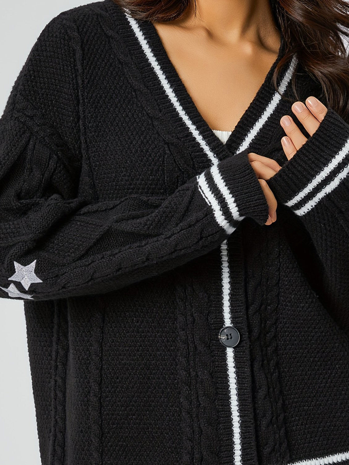 Star Embroidered V-Neck Long Sleeve Cardigan