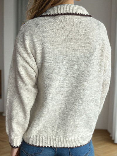 Contrast Trim Quarter Button Long Sleeve Sweater