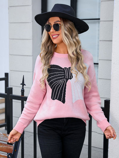 Angel Wings Bow Round Neck Dropped Shoulder Sweater