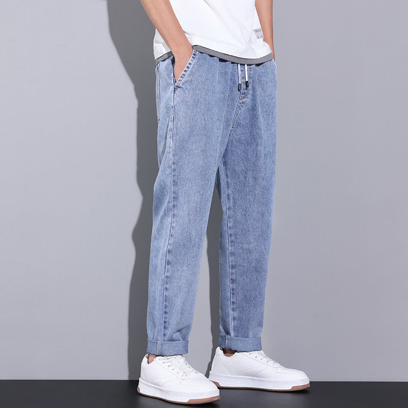 Summer Loose Wide Leg Jeans Pants Men Fashion Drawstring Elasticated Straight Trousers