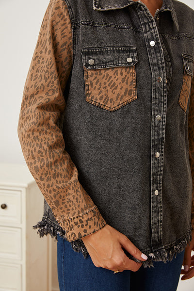 MeiMei Leopard Raw Hem Pocketed Denim Jacket