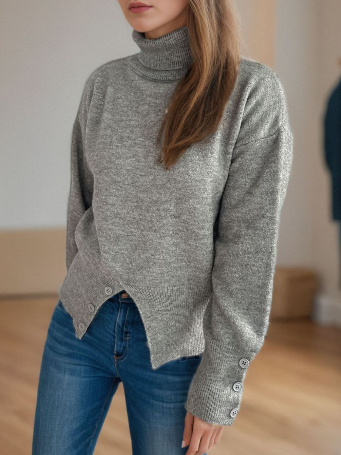 Front Slit Decorative Button Turtleneck Sweater