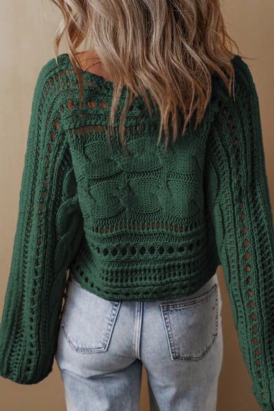 Cable-Knit Openwork Long Sleeve Sweater