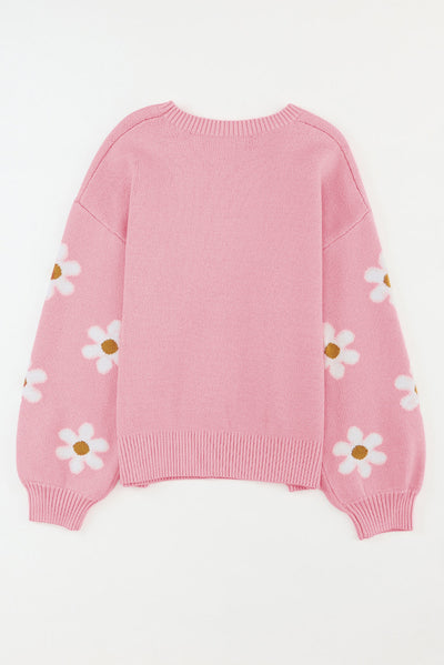 Flower Round Neck Dropped Shoulder Sweater