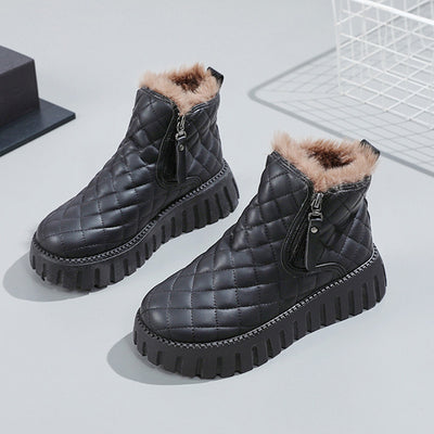 Women's Plaid Pattern Platform Ankle Boots Casual Side Zipper Plush Lined Snow Boots Winter Comfortable Short Boots