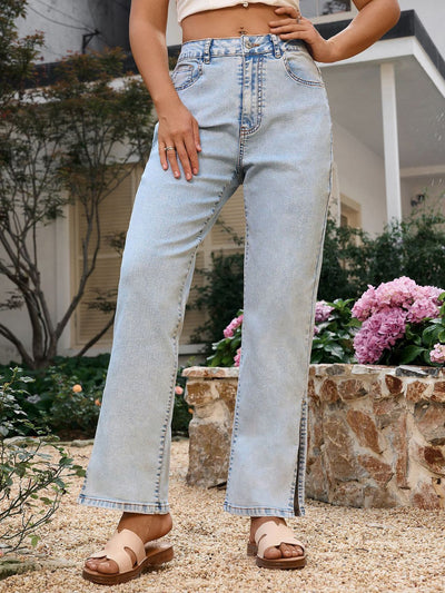 Side Slit Straight Leg Jeans with Pockets