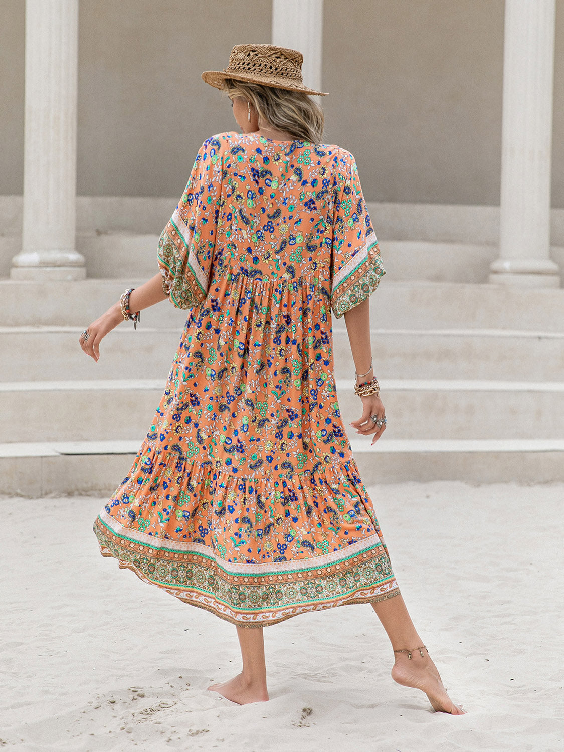 Printed V-Neck Short Sleeve Maxi Dress