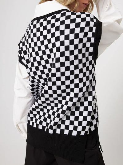 Full Size Checkered V-Neck Cap Sleeve Sweater