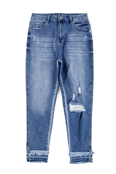 Raw Hem Distressed Jeans with Pockets