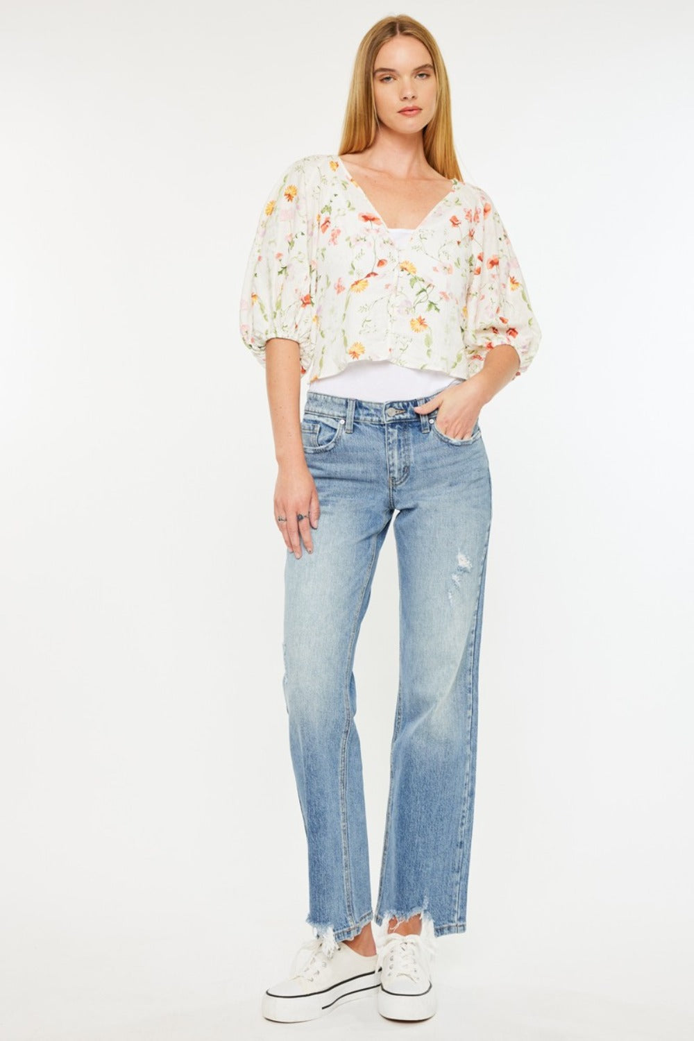 Kancan Mid Rise Frayed Hem Straight Jeans