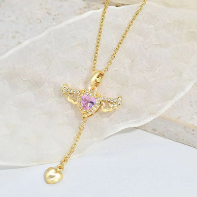 Moving Cupid Heart Angel Wings Tassel Necklace With Crystal Clavicle Chain