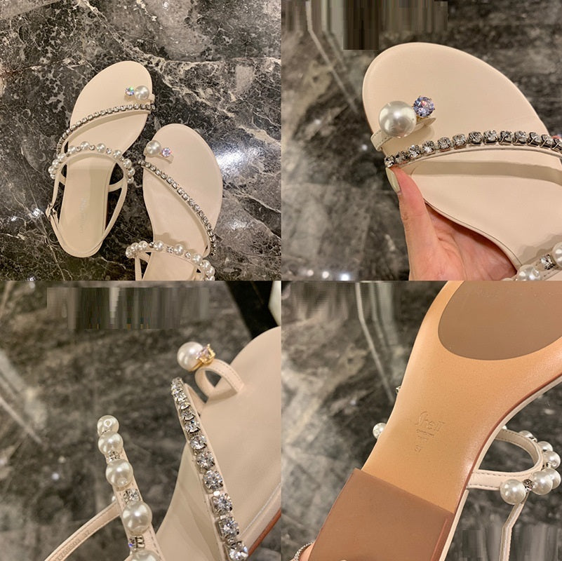 Women's Rhinestone Pearl Thong Flat Sandals