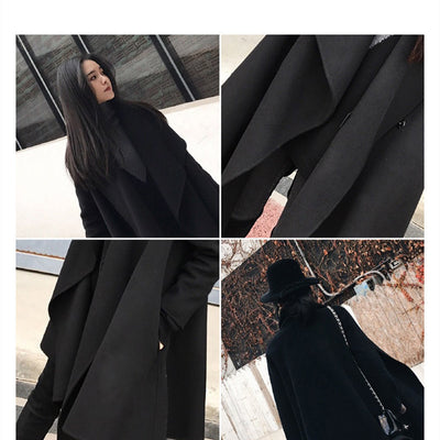 Black Medium Long Irregular Loose Cloak Woolen Coat