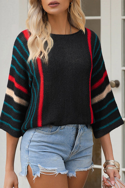 Striped Boat Neck Three-Quarter Sleeve Knit Top