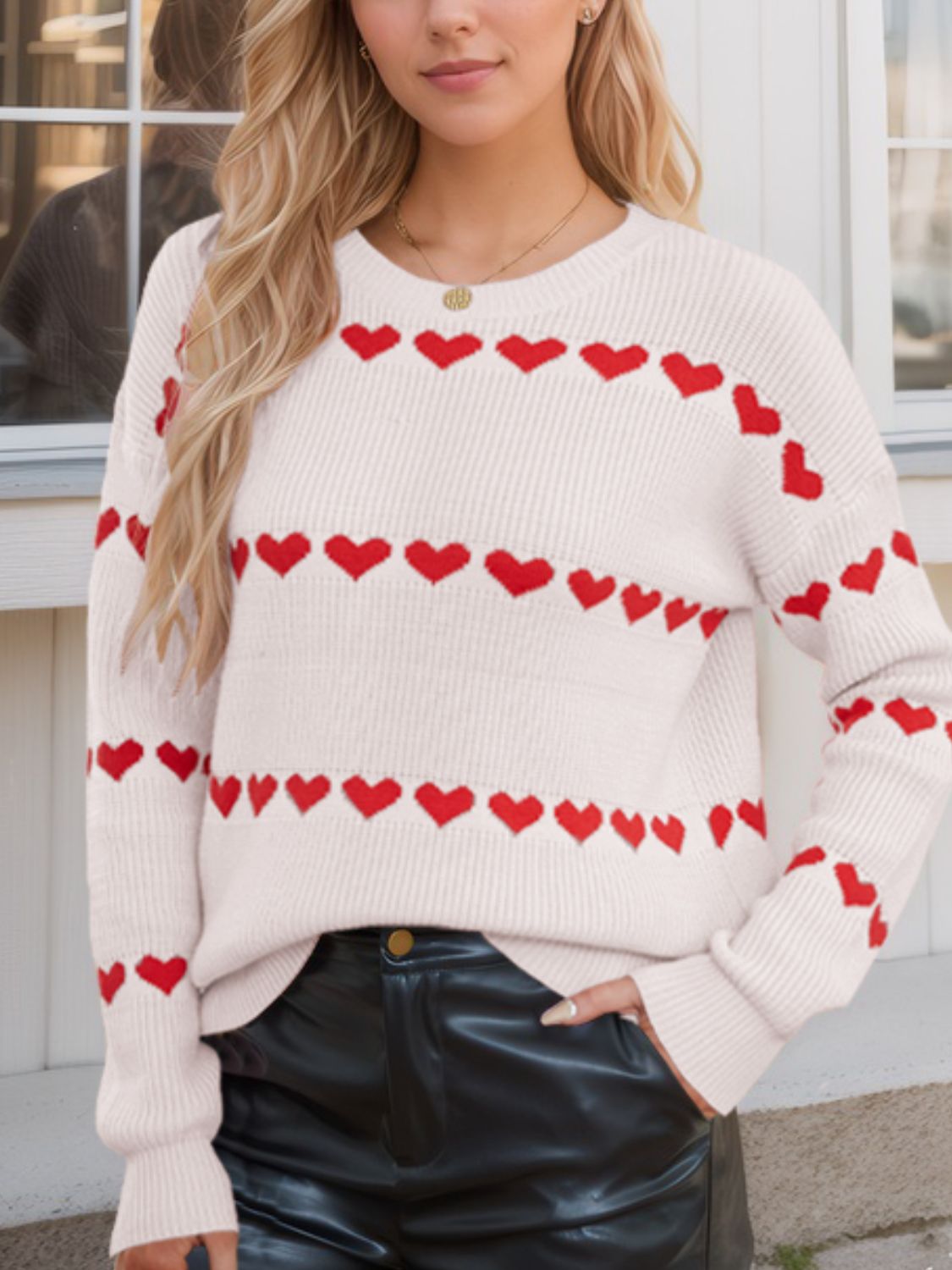 Heart Round Neck Long Sleeve Sweater