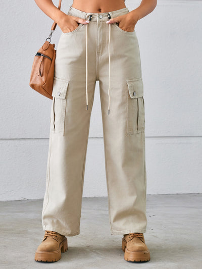 Drawstring Mid-Rise Waist Straight Cargo Jeans