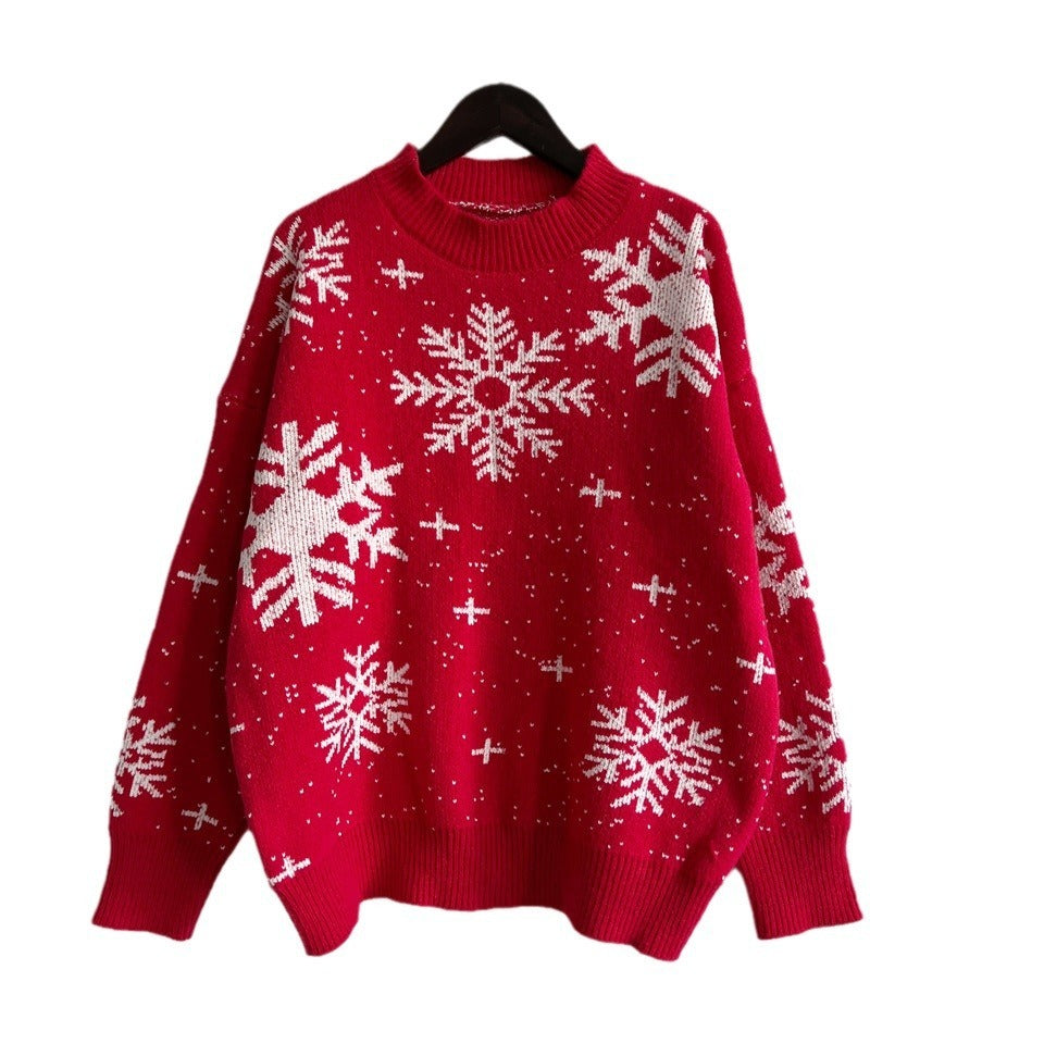 Women's Fashion Christmas Snowflake Round Neck Long Sleeve Knitted Sweater