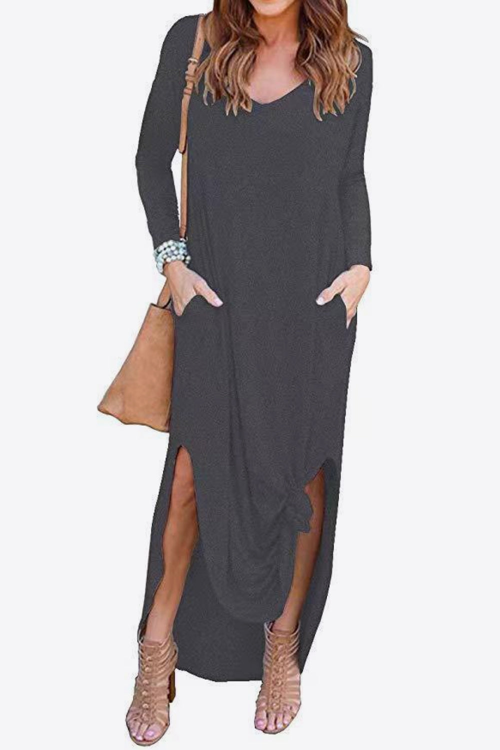 Split Long Sleeve V-Neck Maxi Dress