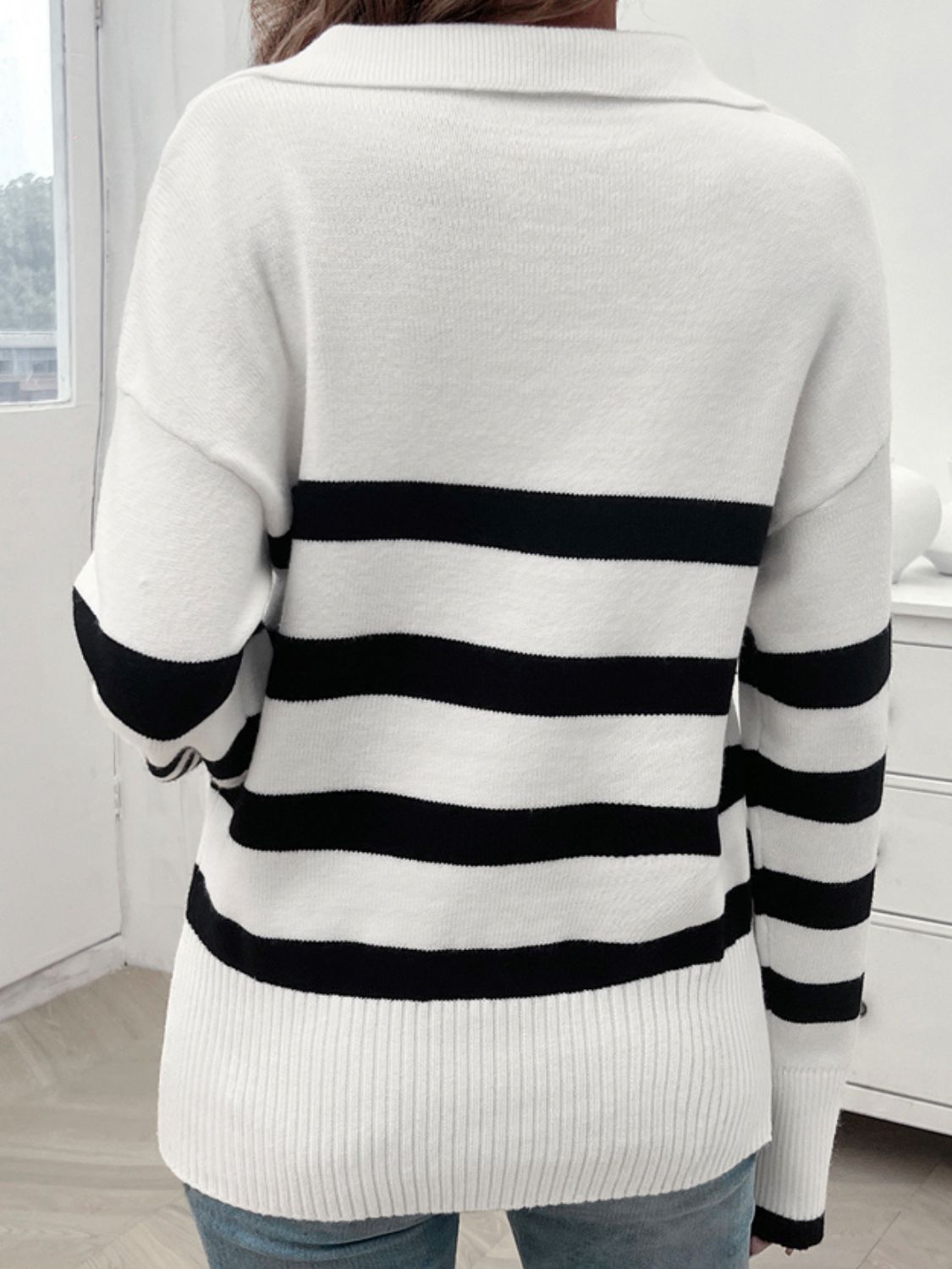 Devine Striped Collared Neck Long Sleeve Sweater