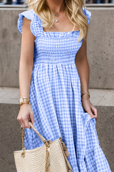 Full Size Smocked Ruffled Plaid Ruffle Hem Dress